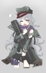  1girl assault_rifle blush blush_stickers brown_hair character_name cowboy_shot eyebrows eyebrows_visible_through_hair g11 g11_(girls_frontline) girls_frontline gun hat highres holster jacket long_hair looking_at_viewer messy_hair one_eye_closed phonepic rifle shorts silver_hair solo thigh_holster tired weapon yawning 