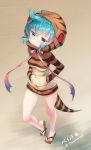  1girl animal_hood animal_print aqua_eyes bare_legs blush breasts brick_wall feet geta half-closed_eyes hands_in_pockets hood hoodie kemono_friends legs long_sleeves pink_ribbon ribbon sad sandals shiny shiny_hair snake_tail solo striped_tail tail tengu-geta tsuchinoko_(kemono_friends) twitter_username walking yellow_eyes youqiniang 