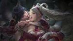  2girls ahri animal_ears artstation_sample finger_to_face fox_ears fox_tail gloves highres image_sample league_of_legends multiple_girls sona_buvelle sweetheart_sona tail yu-han_chen 