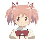  1girl aoki_ume blush bow closed_mouth eyebrows_visible_through_hair face hair_ribbon hairband highres kaname_madoka looking_at_viewer mahou_shoujo_madoka_magica official_art pink_eyes pink_hair puffy_sleeves red_bow red_ribbon ribbon school_uniform short_hair simple_background smile solo twintails upper_body white_background 