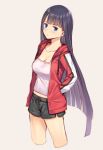  1girl bangs beige_background blue_eyes blunt_bangs breasts camisole casual cleavage collarbone contemporary cropped_legs earrings fate/grand_order fate_(series) hands_in_pockets hood hooded_jacket hoodie jacket jewelry large_breasts long_hair looking_away midriff mikazuchi_zeus open_clothes open_hoodie open_jacket purple_hair saint_martha saint_martha_(swimsuit_ruler)_(fate) shorts simple_background solo very_long_hair 