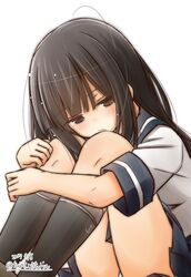  1girl 2017 anchor_symbol bangs black_hair black_legwear blunt_bangs blush closed_mouth dated eyebrows_visible_through_hair fujisaki_yuu_(faint_wistaria) hair_between_eyes half-closed_eyes hatsuyuki_(kantai_collection) kantai_collection kneehighs leg_hug long_hair pleated_skirt sailor_collar school_uniform serafuku short_sleeves skirt solo twitter_username white_background 