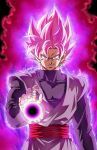  1boy aura dragon_ball dragon_ball_super earrings energy_ball evil_smile gokuu_black grey_eyes jewelry kim_yura_(goddess_mechanic) male_focus pink_hair potara_earrings ring signature single_earring smile solo spiky_hair super_saiyan_rose turtleneck upper_body 