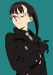  1girl ;) absurdres aqua_background black_coat black_gloves black_hair glasses gloves grey_eyes grey_ribbon highres long_hair looking_at_viewer occultic;nine one_eye_closed ponytail simple_background smile solo standing sumikaze_touko upper_body 