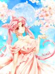  1girl bare_shoulders bishoujo_senshi_sailor_moon blue_background breasts cherry_blossoms chibi_usa cleavage closed_mouth collarbone cowboy_shot crescent double_bun dress earrings facial_mark forehead_mark full_moon hair_ornament hairpin jewelry long_hair looking_at_viewer medium_breasts moon older petals pink_dress pink_hair red_eyes shirataki_kaiseki signature small_lady_serenity smile solo twintails 