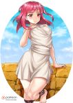  1girl ankle_lace-up bangs barefoot blunt_bangs breasts cross-laced_footwear dress erect_nipples giovanni_zaccaria highres long_hair magi_the_labyrinth_of_magic medium_breasts morgiana patreon_logo red_eyes redhead redjet short_dress sleeveless sleeveless_dress smile solo wall 