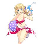 1girl amelie_mcgregor ball beachball bikini blonde_hair blue_eyes bracelet braid breasts carrying cleavage french_braid front-tie_top gun halter_top halterneck holding holding_gun holding_weapon jewelry legs_up long_hair looking_at_viewer medium_breasts mmu navel official_art open_mouth ponytail round_teeth sandals sarong smile solo swimsuit teeth transparent_background uchi_no_hime-sama_ga_ichiban_kawaii water_gun weapon 