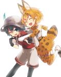  2girls animal_ears animal_print backpack bag bangs black_gloves black_hair black_legwear blonde_hair bloom blue_eyes bow bowtie bucket_hat closed_eyes fang gloves hair_between_eyes happy hat hat_feather highres hug hug_from_behind jumping kaban_(kemono_friends) kemono_friends multiple_girls nuqura one_eye_closed open_mouth red_shirt serval_(kemono_friends) serval_ears serval_print serval_tail shirt shoes short_hair simple_background skirt tail thigh-highs white_background white_shirt white_shoes yellow_skirt 