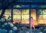  1girl architecture arms_up black_hair blue_flower chrysanthemum closed_eyes closed_mouth commentary_request dress east_asian_architecture flower gemi leaf long_hair original pink_dress rock sandals short_sleeves sitting sliding_doors smile solo tree water wood 