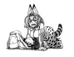  2girls all_fours animal_ears backpack backpack_removed bag bow bowtie bucket_hat elbow_gloves gloves greyscale hair_between_eyes hat kaban_(kemono_friends) kemono_friends koyubi_(littlefinger1988) lying monochrome multiple_girls on_back open_mouth personification pinned serval_(kemono_friends) serval_ears serval_print serval_tail short_hair short_sleeves sleeveless tail 