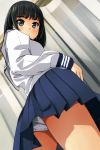  ass bangs black_hair blue_skirt blush closed_mouth grey_eyes highres long_sleeves looking_at_viewer matsunaga_kouyou original panties pleated_skirt school_uniform serafuku shirt short_hair skirt underwear white_panties white_shirt 