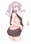  1girl aran_sweater ass backless_outfit bare_back black_sweater blue_eyes breasts butt_crack color_palette cropped_legs dress from_side highres kantai_collection kashima_(kantai_collection) large_breasts looking_to_the_side meme_attire naked_sweater open-back_dress sideboob sidelocks silver_hair solo sweater sweater_dress turtleneck turtleneck_sweater twintails virgin_killer_sweater white_background yuuji_(and) 
