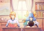  1boy 1girl asymmetrical_wings blonde_hair blue_eyes blue_hair book bow commentary cubehero cup curtains detached_sleeves dizzy guilty_gear hair_bow indoors ky_kiske long_hair looking_at_another open_book painting_(object) reading red_eyes short_hair smile tail tail_bow teacup window wings 