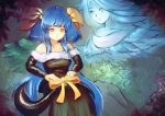  asymmetrical_wings blue_hair bow cubehero dizzy dress guilty_gear hair_bow long_hair red_eyes sitting squirrel tail tail_bow undine_(guilty_gear) wings 