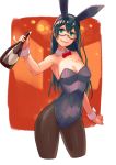  1girl alternate_costume animal_ears armpits bare_shoulders black-framed_eyewear black_hair black_legwear blush bottle bow bowtie breasts bunny_girl bunnysuit cleavage closed_mouth commentary_request cowboy_shot detached_collar fake_animal_ears glasses green_eyes hair_between_eyes hairband highres holding holding_bottle kantai_collection leotard long_hair looking_at_viewer medium_breasts ooyodo_(kantai_collection) pantyhose rabbit_ears red_bow red_bowtie semi-rimless_glasses sideboob smile solo under-rim_glasses wrist_cuffs yuuji_(and) 