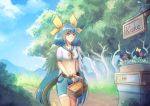  1girl asymmetrical_wings basket blue_hair blush bow butterfly commentary cubehero dizzy flower guilty_gear hair_bow long_hair midriff navel path red_eyes road shorts solo tail tail_bow tree wings 