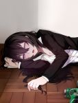  1girl beer_can beifeng_han black_hair blush breasts business_suit can cleavage commentary_request drunk formal head_rest long_hair looking_at_viewer lying medium_breasts miyaura_sanshio office_lady on_side one_eye_closed open_mouth original revision shirt solo suit violet_eyes wavy_hair wooden_floor 