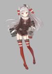  1girl amatsukaze_(kantai_collection) bangs brown_eyes closed_mouth d.r_(liu1029367675) dress eyebrows_visible_through_hair floating_hair full_body garter_straps gloves gluteal_fold grey_background hair_tubes hat kantai_collection long_hair long_sleeves looking_at_viewer mini_hat red_legwear rensouhou-kun rigging sailor_collar sailor_dress silver_hair simple_background solo thigh-highs two_side_up white_gloves 