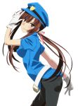  1girl belt black_pants blue_hat blue_shirt brown_hair floating_hair from_side gloves green_eyes hair_ribbon hat index_finger_raised kirasaka_sayaka leaning_forward long_hair looking_at_viewer pants pink_ribbon ribbon shirt solo standing strike_the_blood transparent_background white_gloves 