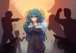  asymmetrical_wings blue_hair bow commentary cubehero dizzy dress guilty_gear hair_bow long_hair mob pointing pointing_finger red_eyes silhouette tail wings 