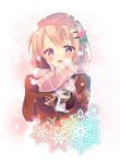  1girl blush can coat eyebrows_visible_through_hair gochuumon_wa_usagi_desu_ka? hair_ornament hairclip holding holding_can hoto_cocoa looking_at_viewer mitsumomo_mamu mittens open_mouth orange_hair pink_scarf red_coat red_mittens scarf smile snowflakes soda_can solo steam violet_eyes 