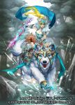  1girl armor armored_boots bear blonde_hair blue_eyes boots breasts cleavage company_name copyright_name full_body fur_trim green_eyes last_chronicle long_hair moreshan official_art open_mouth pointy_ears polar_bear ponytail rock solo teeth tree water 