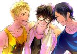  3boys black_hair blonde_hair blue_eyes blue_hair brown_eyes closed_eyes collarbone friends glasses kitagawa_yuusuke kurusu_akira looking_at_another male_focus multiple_boys open_mouth persona persona_5 sakamoto_ryuuji short_hair smile trio white_background yu@genkoochu(5tsukino) 