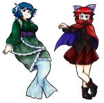  2girls animal_ears arm_at_side blue_eyes blue_hair bow breasts cape covered_mouth full_body furrowed_eyebrows hair_bow head_fins high_collar japanese_clothes kimono legs_crossed looking_at_viewer medium_breasts mermaid miniskirt monster_girl multiple_girls nazotyu obi plump pose red_eyes redhead sash sekibanki short_eyebrows short_hair sitting skirt smile thick_eyebrows touhou transparent_background tunic wakasagihime 