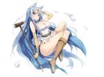  1boy 1girl animal_ears bare_shoulders bent_knees blue_eyes blue_hair blush breasts brown_footwear cape cat_ears circlet cleavage detached_sleeves dragon_quest dragon_quest_iii dress elbow_gloves exe_(xe) full_body gloves impossible_clothes kemonomimi_mode large_breasts long_hair looking_at_viewer off-shoulder_dress off_shoulder sage_(dq3) short_dress smile staff thighs white_dress 