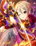  1girl ;p artist_request blonde_hair brown_eyes earrings eyelashes fighting fingerless_gloves flower gloves hair_flower hair_ornament hakama holding holding_sword holding_weapon idolmaster idolmaster_cinderella_girls japanese_clothes jewelry katana official_art one_eye_closed sheath shiomi_shuuko short_hair solo sword tongue tongue_out weapon 