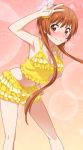 1girl arm_up armpits blush breasts brown_eyes brown_hair cleavage collarbone crop_top flower frilled_shorts frills hair_flower hair_ornament hand_on_hip leaning_forward looking_at_viewer medium_breasts midriff navel nisekoi shirt short_hair_with_long_locks short_shorts shorts sidelocks smile solo standing stomach tachibana_marika v yellow_flower yellow_shirt yellow_shorts 