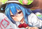  1girl black_hat blue_hair blush bow collarbone english eyebrows_visible_through_hair food fruit hat hinanawi_tenshi leaf long_hair looking_at_viewer lying on_stomach peach red_bow red_eyes smile solo touhou wrist_cuffs yes yuhito_(ablbex) 