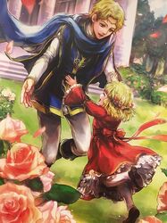  1boy artist_request blonde_hair boots brother_and_sister cape child circlet closed_eyes detached_sleeves dress fire_emblem fire_emblem:_rekka_no_ken fire_emblem_cipher flower guinevere_(fire_emblem) hair_ornament highres knee_boots long_sleeves official_art open_mouth outdoors petals shoes short_hair siblings smile white_legwear yellow_eyes zephiel 