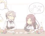  2girls ange_(princess_principal) blue_eyes braid brown_eyes brown_hair card dorothy_(princess_principal) grey_hair highres multiple_girls normaland poker poker_chip princess_principal school_uniform smile speech_bubble thought_bubble 
