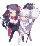  2girls :o ;) animal_ears arm_up armpit_peek bare_shoulders bear_ears bear_paw_hammer belt bergman&#039;s_bear_(kemono_friends) black_boots black_footwear black_gloves black_hair black_legwear black_skirt blush boots bow breasts coat collar dot_nose drawstring elbow_gloves error eyebrows_visible_through_hair fingerless_gloves from_above fur-trimmed_boots fur-trimmed_coat fur-trimmed_sleeves fur_collar fur_trim gloves hair_between_eyes hair_bow hair_ornament hand_on_forehead height_difference heiwa_(murasiho) holding holding_weapon kemono_friends long_hair long_sleeves looking_at_another looking_away looking_to_the_side medium_breasts multicolored multicolored_clothes multicolored_gloves multiple_girls neck_ribbon one_eye_closed open_mouth pantyhose pink_belt pink_bow pink_ribbon pleated_skirt pocket polar_bear_(kemono_friends) pom_pom_(clothes) red_eyes ribbon salute shirt short_hair sidelocks simple_background skirt sleeveless sleeveless_shirt smile standing tareme triangle_mouth tsurime very_long_hair violet_eyes weapon white_background white_boots white_coat white_footwear white_gloves white_hair white_legwear white_shirt white_skirt 