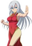  1girl bare_hips blue_eyes breasts china_dress chinese_clothes clenched_hand covered_navel dress floating_hair hair_ornament la_folia_rihavein long_hair looking_at_viewer medium_breasts red_dress sideboob silver_hair sleeveless sleeveless_dress smile solo standing strike_the_blood transparent_background 