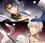  2boys blood blood_on_face blue_eyes blue_hair full_moon grin injury jaenbba japanese_clothes katana male_focus mikazuki_munechika moon multiple_boys smile split_screen sword torn_clothes touken_ranbu tsurumaru_kuninaga upper_body weapon white_hair yellow_eyes 