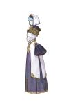  1girl absurdres back blue_eyes blue_hair detached_sleeves dress fire_emblem fire_emblem_echoes:_mou_hitori_no_eiyuuou full_body hands_together hidari_(left_side) highres looking_at_viewer looking_back official_art short_hair silk_(fire_emblem) simple_background smile solo veil white_background 