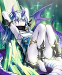  1girl anklet aqua_hair armpits arms_behind_head artist_request barefoot breasts cygames dragon_girl dragon_horns dragon_tail harnessed_glass horns ice jewelry lena_(zoal) long_hair official_art pointy_ears shadowverse shingeki_no_bahamut shorts sideboob sitting symbol-shaped_pupils tail thigh_strap violet_eyes 