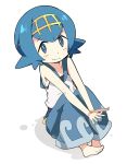  baggy_pants bare_shoulders barefoot blue_eyes blue_hair blush capri_pants collarbone feet full_body hair_ornament ixy looking_at_viewer pants pokemon pokemon_(game) pokemon_sm shirt short_hair simple_background sitting sleeveless sleeveless_shirt smile suiren_(pokemon) swimsuit swimsuit_under_clothes trial_captain white_background 