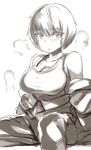  arm_support breasts cleavage eyebrows_visible_through_hair eyelashes heavy_breathing huge_breasts lolicept looking_to_the_side original shinjin-chan_(lolicept) short_hair sitting sweat 