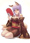  1girl animal_ears arm_at_side arm_support bangs bare_shoulders barefoot breasts cleavage closed_mouth collarbone detached_sleeves dress fan folding_fan fox_ears fox_girl fox_tail full_body hand_up highres holding holding_fan japanese_clothes kimono lard_(kumazakiyuta) lavender_hair long_hair long_sleeves looking_at_viewer medium_breasts mole mole_on_breast mole_under_eye necktie obi original red_eyes sash short_kimono sitting sleeves_past_wrists slit_pupils solo strapless strapless_dress tail wide_sleeves yokozuwari 