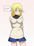  &gt;:( 1girl blonde_hair blush bodysuit_under_clothes braid breasts cato_(monocatienus) commentary contemporary french_braid frown green_eyes looking_at_viewer medium_breasts miniskirt mizuhashi_parsee pointy_ears ribbed_sweater short_hair skirt solo spoken_blush sweater touhou 