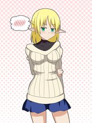  &gt;:( 1girl blonde_hair blush bodysuit_under_clothes braid breasts cato_(monocatienus) commentary contemporary french_braid frown green_eyes looking_at_viewer medium_breasts miniskirt mizuhashi_parsee pointy_ears ribbed_sweater short_hair skirt solo spoken_blush sweater touhou 