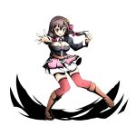  1girl belt blush boots bow breasts brown_boots brown_hair divine_gate floating_hair full_body hair_between_eyes hair_bow kono_subarashii_sekai_ni_shukufuku_wo! large_breasts long_hair looking_at_viewer open_mouth outstretched_arm red_bow red_eyes red_legwear shadow skirt solo standing thigh-highs transparent_background ucmm wavy_mouth white_skirt yunyun_(konosuba) 
