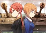  2girls brown_eyes brown_hair fur_trim girls_und_panzer girls_und_panzer_little_army ground_vehicle hair_ornament highres long_hair military military_vehicle motor_vehicle multiple_girls nakasuga_emi nishizumi_miho panzerkampfwagen_iv redhead short_hair snowing tank tiger_i tsuchii_(ramakifrau) twintails 