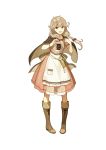  1girl absurdres apron bangs blonde_hair blush boots braid brown_eyes cape capelet faye_(fire_emblem) fire_emblem fire_emblem_echoes:_mou_hitori_no_eiyuuou full_body hidari_(left_side) highres knee_boots long_hair official_art open_mouth short_sleeves simple_background smile solo standing twin_braids white_background 