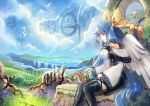  1girl asymmetrical_wings blue_hair blue_sky bow clouds commentary cubehero dizzy guilty_gear hair_bow long_hair outdoors red_eyes sitting sky solo squirrel tail tail_bow thigh-highs wings 