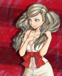  1girl blonde_hair blue_eyes catherine catherine_(cosplay) catherine_(game) cosplay crossover hair_ornament long_hair open_mouth persona persona_5 smile solo takamaki_ann twintails 