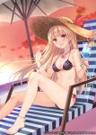  1girl anklet barefoot beach beach_umbrella bikini blonde_hair blush bracelet breasts chair cleavage clouds cup drink drinking_glass food fruit fukahire_sanba hat hat_ribbon heart heart_necklace heart_print heart_straw jewelry long_hair looking_at_viewer lounge_chair medium_breasts million_arthur_(series) navel orange parted_lips pendant print_bikini red_eyes red_ribbon ribbon side-tie_bikini sitting sky smile solo sun_hat swimsuit twilight umbrella 